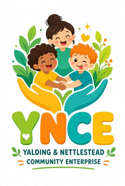 YNCE logo: three smiling children holding hands, cupped by two hands among green leaves, above the words Yalding & Nettlestead Community Enterprise